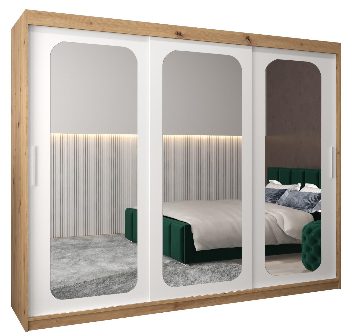 Abiks Möbel Schwebetürenschrank Eiche Artisan, Weiß 250x200x62 cm