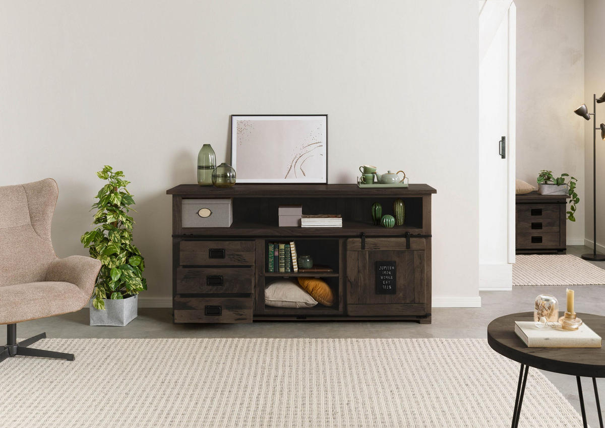 SIDEBOARD Mango 180x45x90 grau lackiert RAILWAY #267 - Grau, Holz (180/90/45cm) - Massivmoebel24