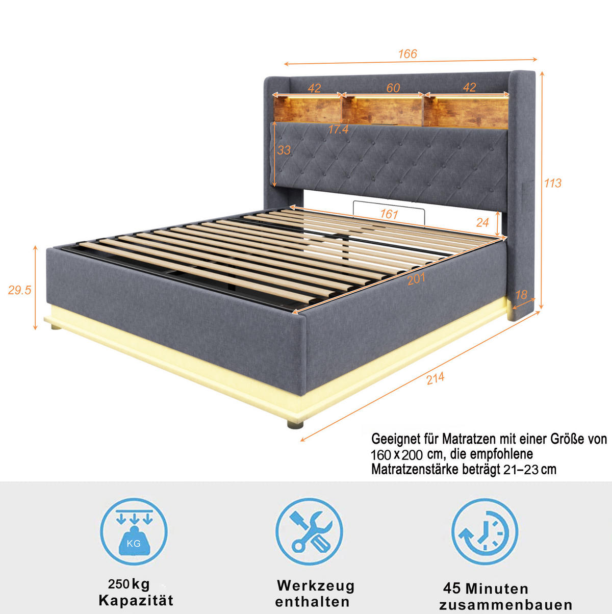 ČALÚNENÁ posteľ z látky 160x200 cm sivá s LED osvetlením, USB portom a hydraulickým úložným priestorom - sivá, textil (160/200cm) - Modfu