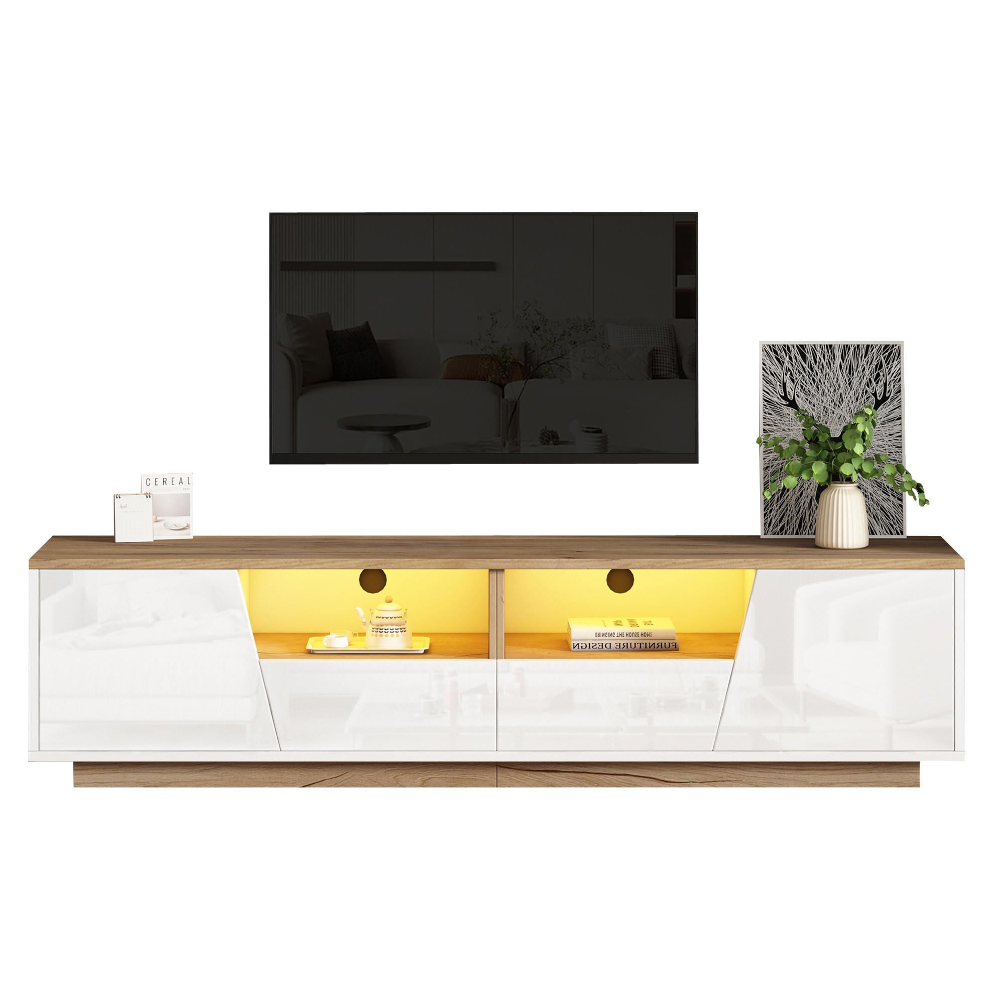 TV-LOWBOARD 180/40/46 cm mit 2 Schubladen, 2 Türen, LED-Beleuchtung und Hochglanzfront aus Spanplatte, Weiß/Naturholz - Weiß, Holzwerkstoff (180/46/40cm) - Redom