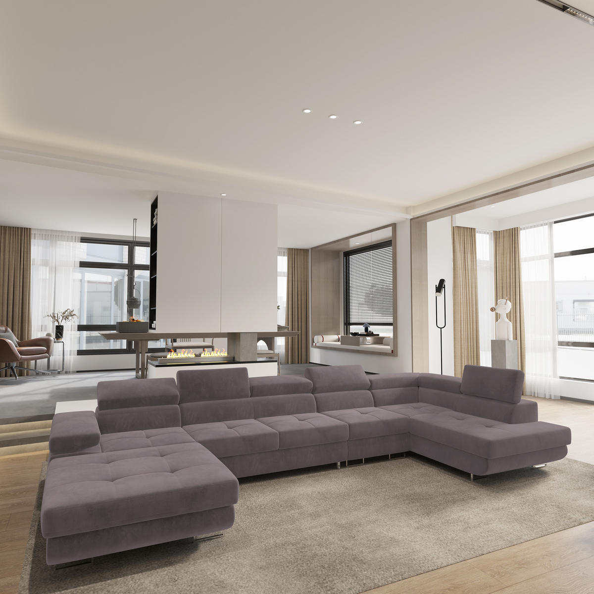 WOHNLANDSCHAFT VELORA R-S Lila Velours-Stoff mit Schlaffunktion - Lila, Holz (419/90/202cm) - MASSENO