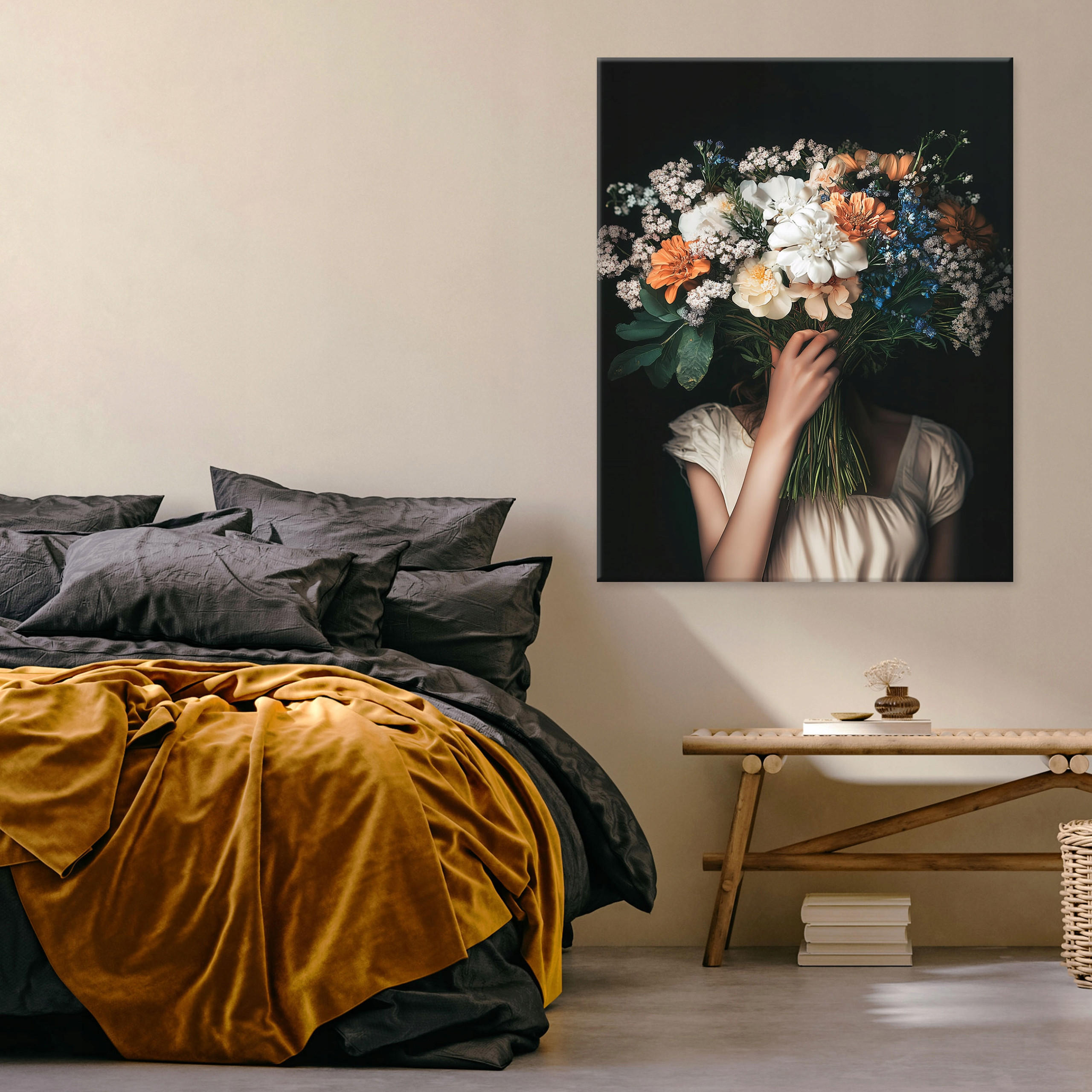 LEINWAND BILDER Frau Blumen Vintage Schwarz 60x40 - Multicolor, Holzwerkstoff (40/60cm) - Wallarena