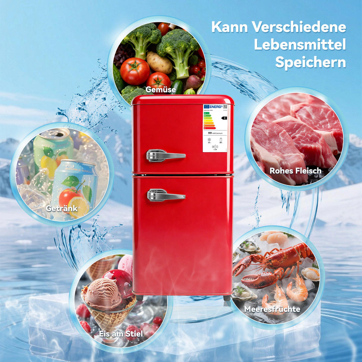 KÜHL-GEFRIER-KOMBINATION 60 l, 22 l Gefriervolumen, Energieeffizienzklasse C, Rot - Rot, Metall (45/89/41cm) - FOHERE