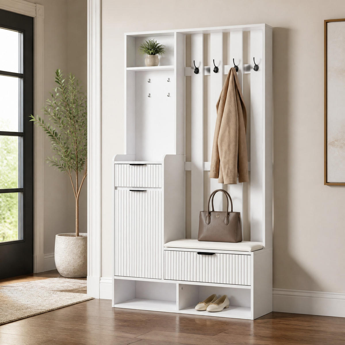 GARDEROBENKOMBINATION 100/30/180 cm aus Spanplatte mit Sitzbank, Schubladen und Kippschutz Weiß - Weiß, Holzwerkstoff (100/180/30cm) - Modenvie