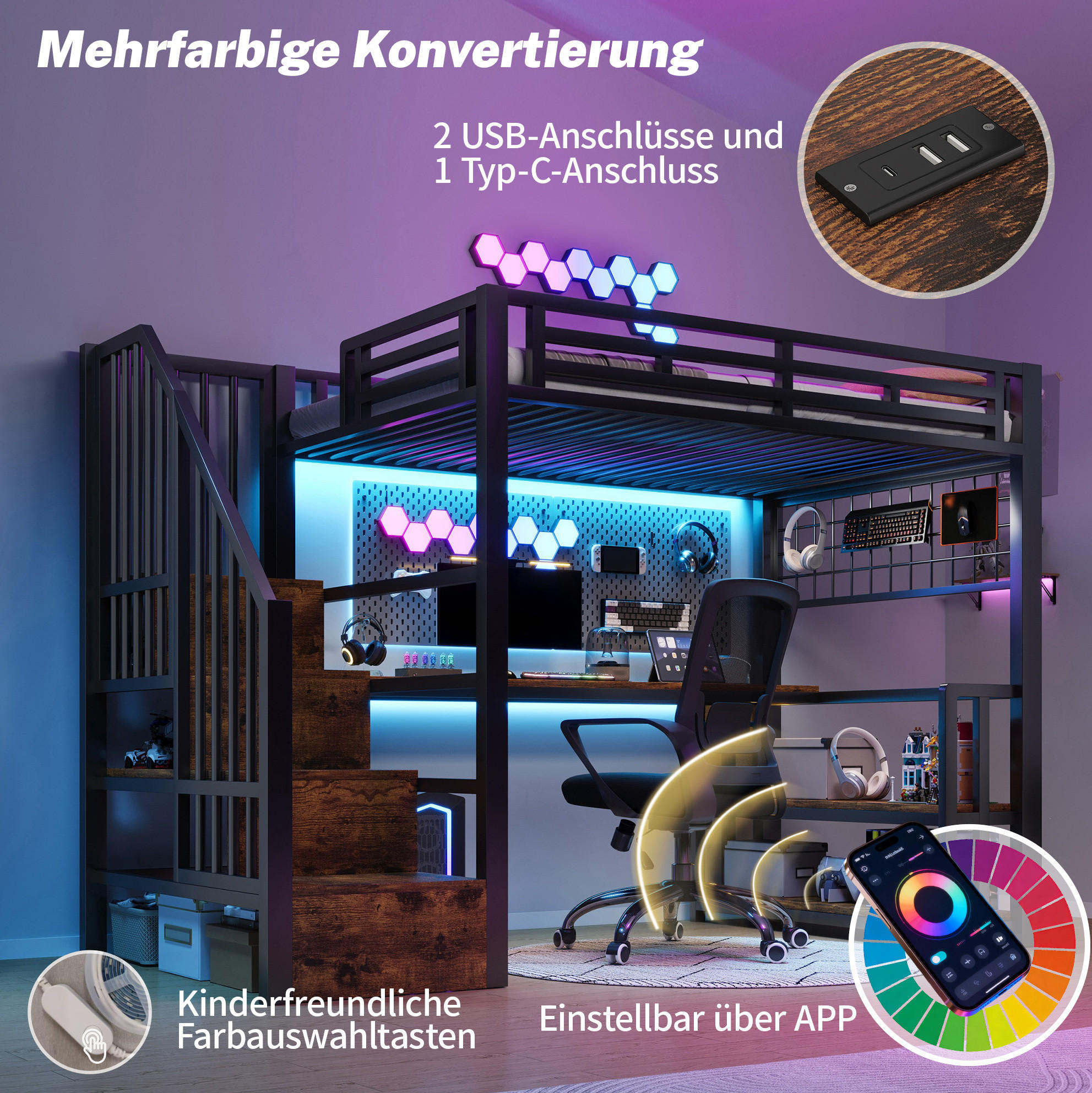 Modfu Hochbett Schwarz 90x200 cm