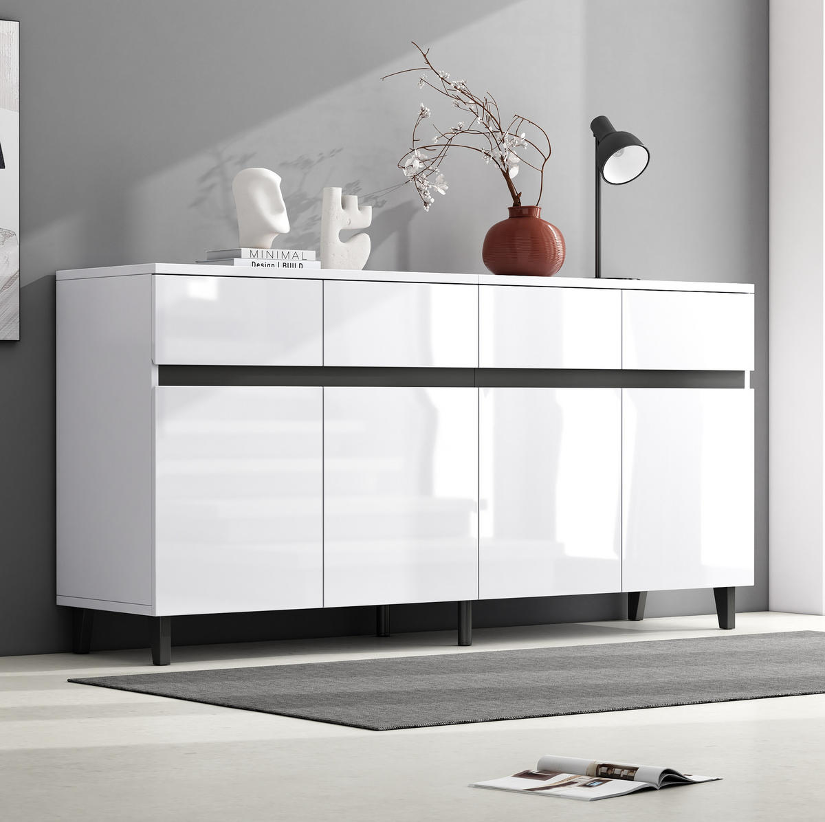 SIDEBOARD mit Hochglanz-Fronten, 4 Schubladen und 2 Türen, 160/40/68 cm, Weiß - Weiß, Holzwerkstoff (160/68/40cm) - Redom