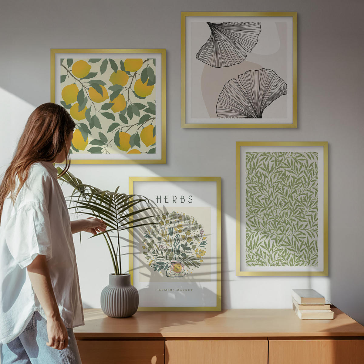 BILDER SET 4er Set - 50x50 cm & 40x60 cm Goldrahmen - Zitronenkräuter und -blätter - Goldfarben, Kunststoff (50/50cm) - TULUP