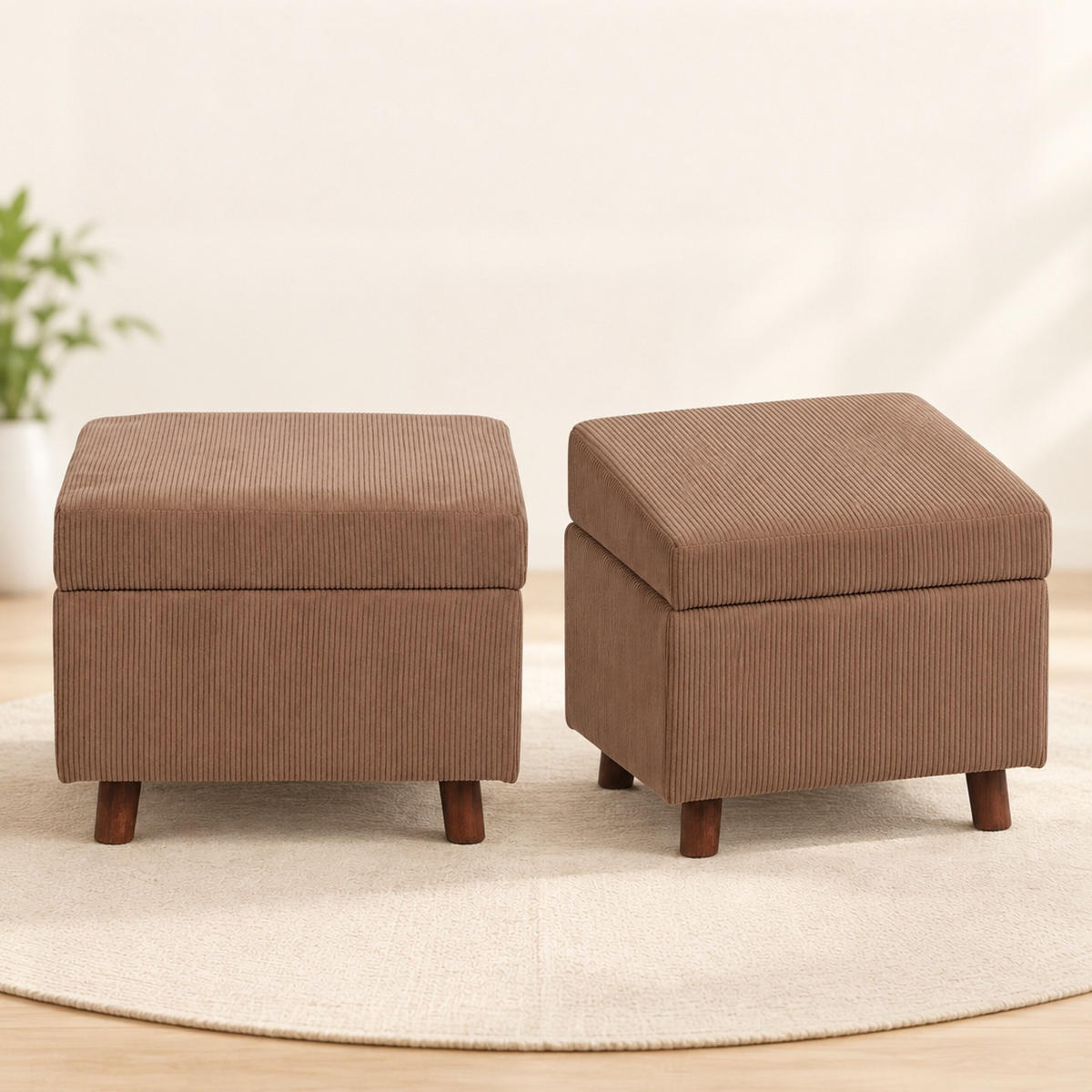 TABURET Hnědý manšestr s úložným prostorem 40 cm - hnědá, dřevo/kompozitní dřevo (46/40/40cm) - Relaxdays