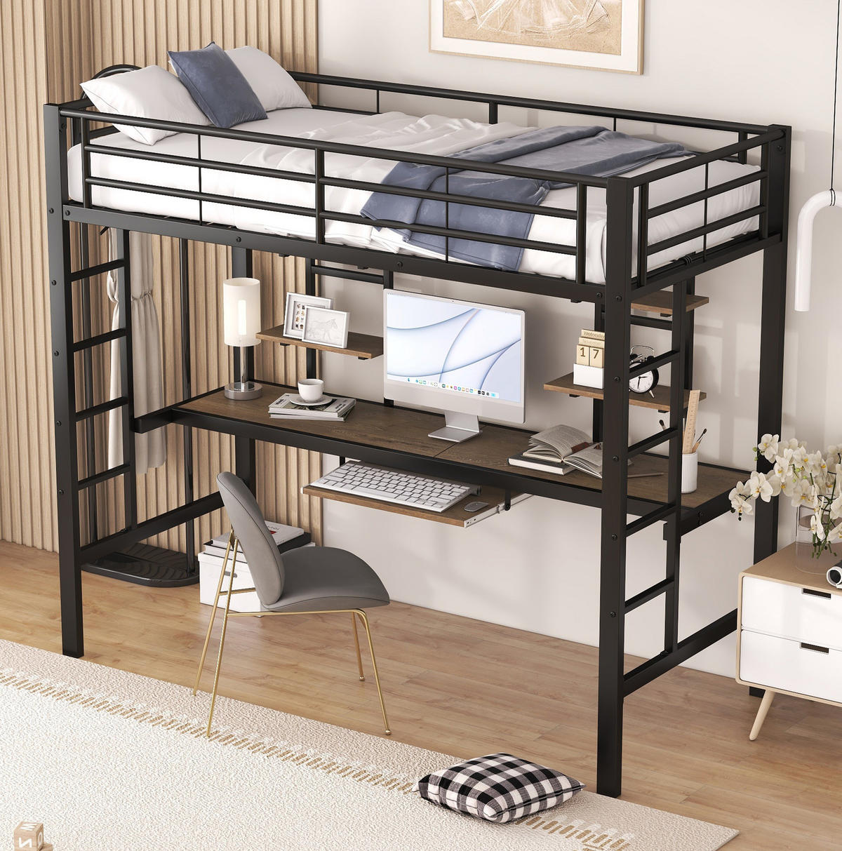 HOCHBETT 90/200 cm aus Metall mit Schreibtisch und 2 Regalen in Schwarz - Schwarz, Metall (90/200cm) - Flora Grace