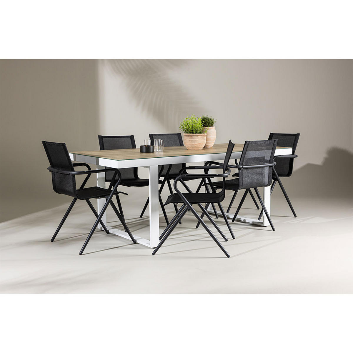 GARTENSET, Merlo, Tisch Weiß, Stühle Schwarz, Metall / Stoff, 90 x 200 x 75 cm, 7-teilig - Weiß, Metall - ebuy24