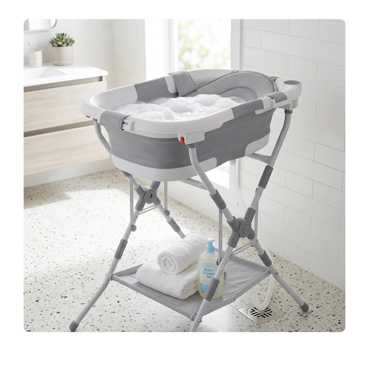 BABYBADEWANNE Grau Weiß faltbar mit Gestell - Multicolor, Kunststoff/Metall (68/52cm) - Relaxdays