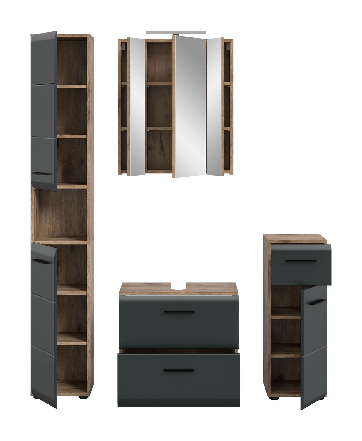 BADEZIMMER Alba 5-tlg. (B/H/T: ca. 150/185/30 cm) in Nox Oak /schwarz matt - Eichefarben, Holz (150/185/30cm)