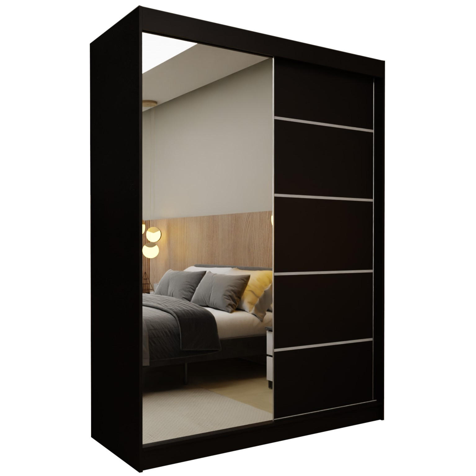 SCHWEBETÜRENSCHRANK MIRELLA 150/216/61 cm 2-türig mit Spiegel Schwarz - Schwarz, Holzwerkstoff (150/216/61cm) - MASSENO