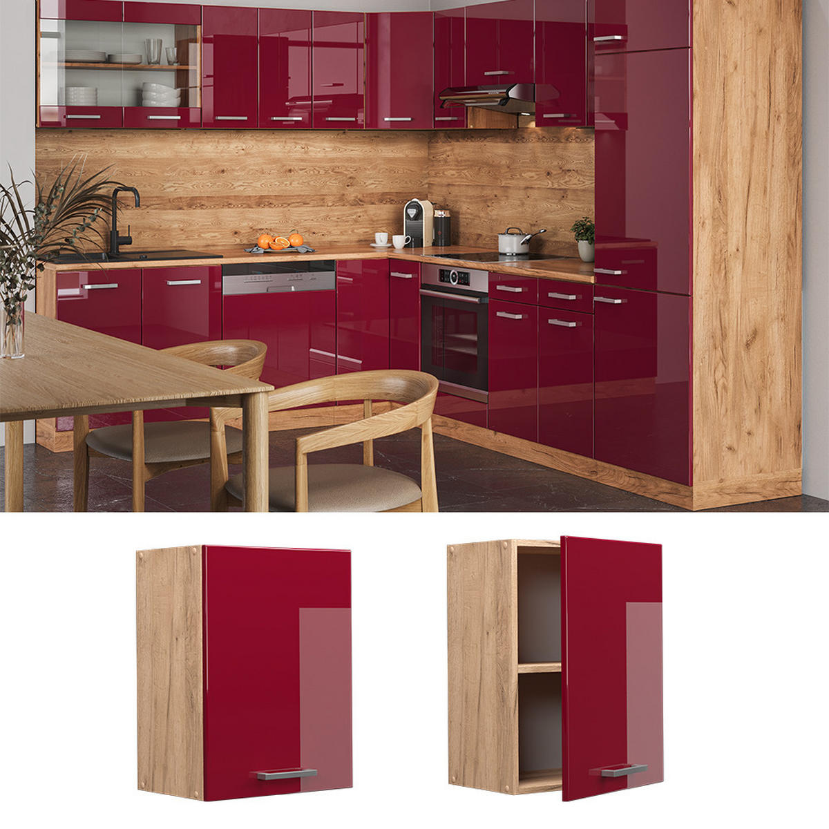 HÄNGESCHRANK R-Line Rot Hochglanz 45 cm - Honigeiche/Bordeaux, Holzwerkstoff (45/60/31cm) - Vicco