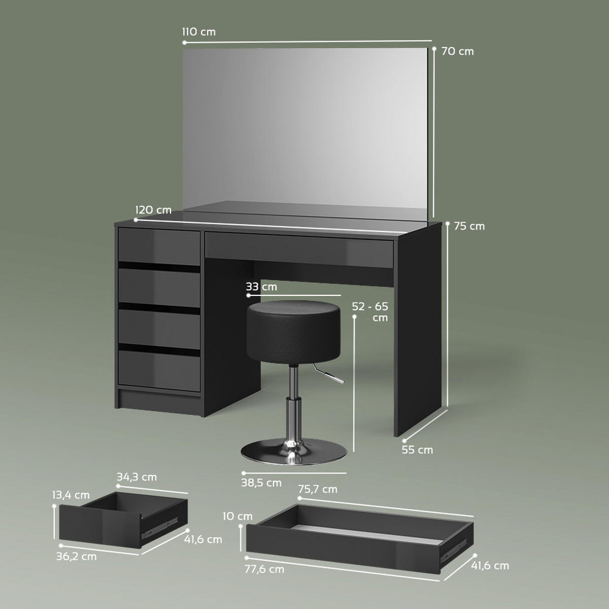 SCHMINKTISCH-SET Imola Anthrazit 120 cm mit Hocker - Anthrazit, Holzwerkstoff (120/75/55cm) - Livinity®