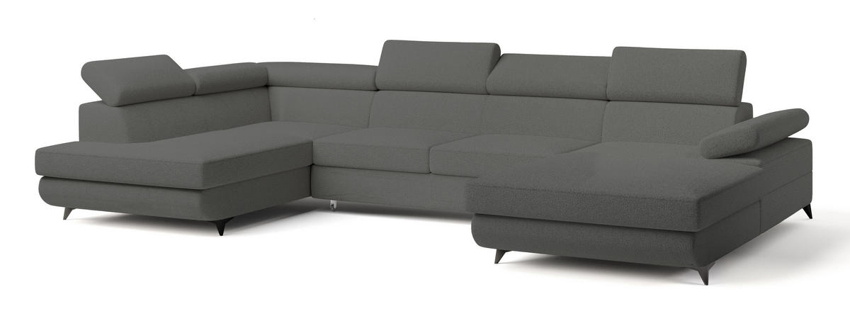 WOHNLANDSCHAFT RUBANO L-S Grau Boucle-Stoff mit Schlaffunktion - Grau, Holz (339/89/190cm) - MASSENO