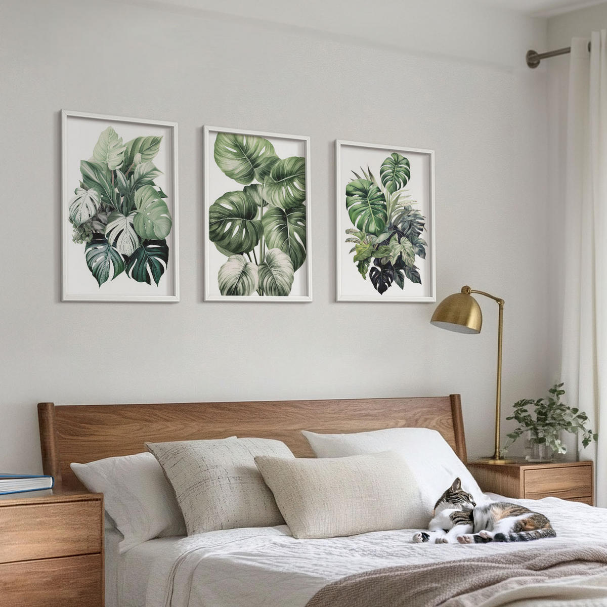 BILDER SET 3er Set - 40x60 cm Weißer Rahmen - Aquarell von grünen tropischen Blättern - Weiß, Kunststoff (40/60cm) - TULUP