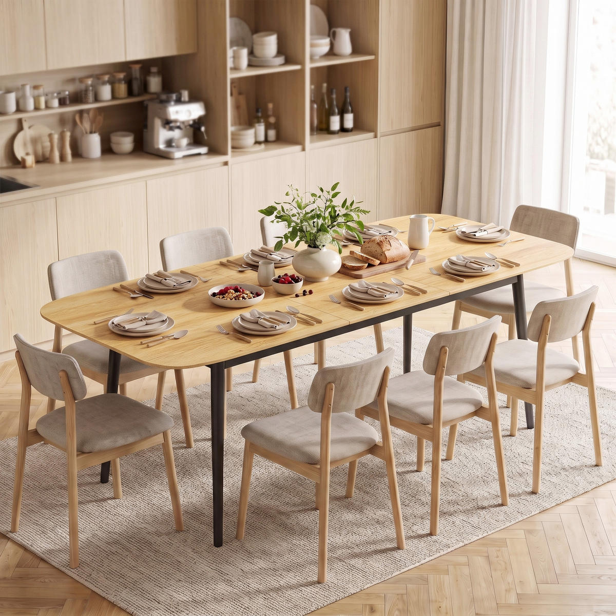 AUSZIEHBARER-ESSTISCH MDF Eiche - Eichefarben/Schwarz, Holzwerkstoff/Metall (200/80/76cm) - HOMCOM