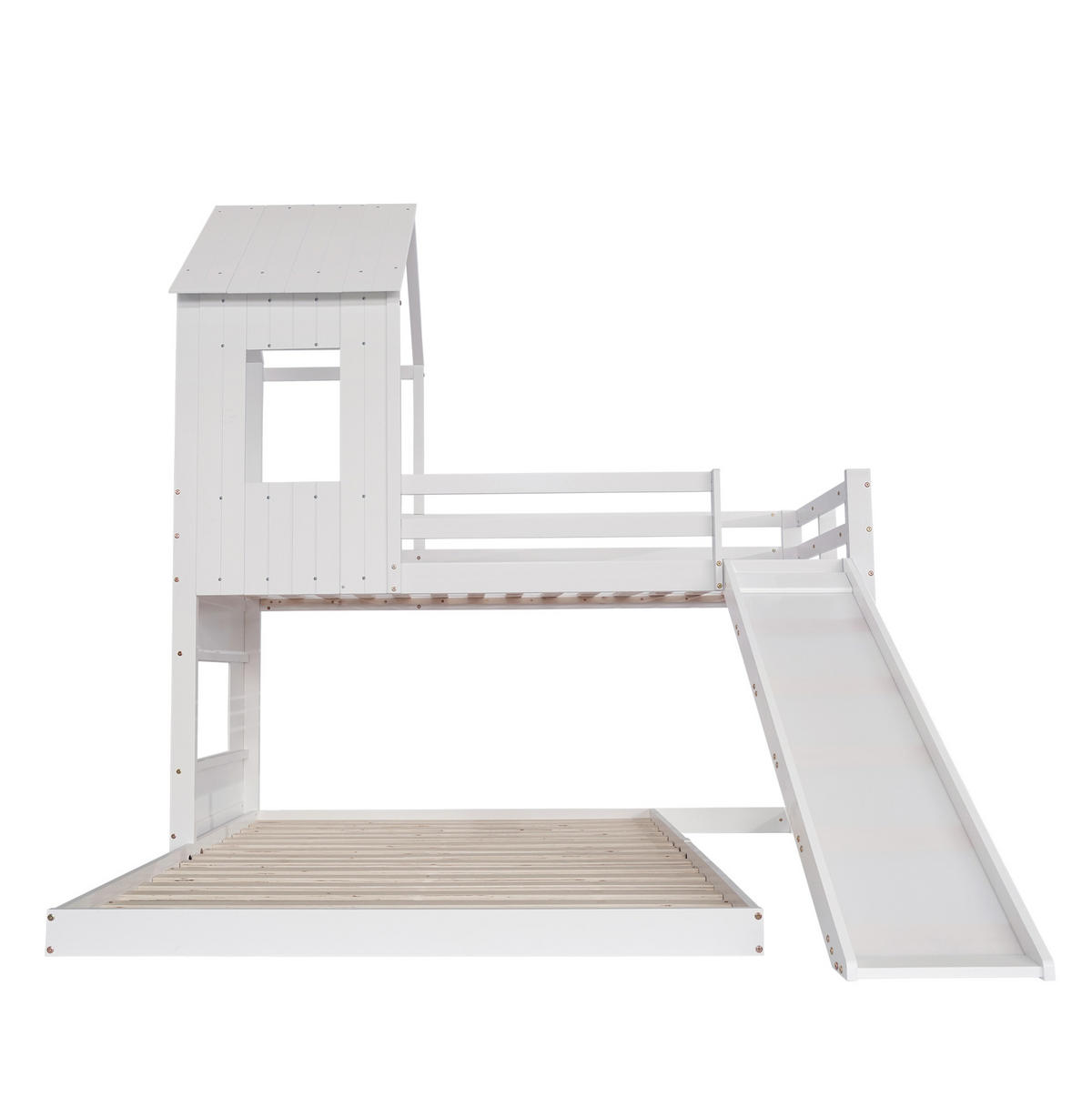 ETAGENBETT 90/200 & 140/200 cm mit Rutsche, Hausdach, Fenster, Fallschutz und Leiter aus Kiefer/MDF, Weiß - Weiß, Holzwerkstoff (90/200cm) - Redom