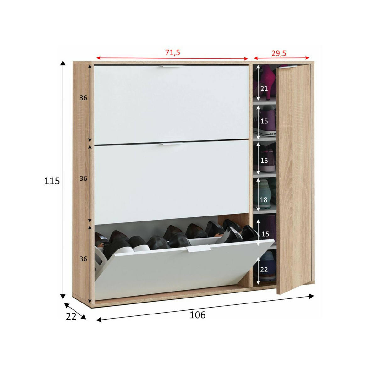 SCHUHSCHRANK Eiche, Weiß 22/106/115 cm - Wildeiche/Weiß, Holzwerkstoff (106/115/22cm) - DMORA