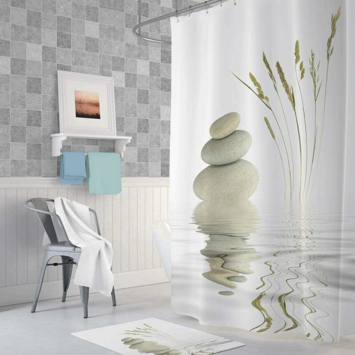 DUSCHVORHANG Polyester Digitaldruck Design modern wasserdicht waschbar schimmelresistent mit Haken - Weiß, Textil (180/90cm) - MCBOSON