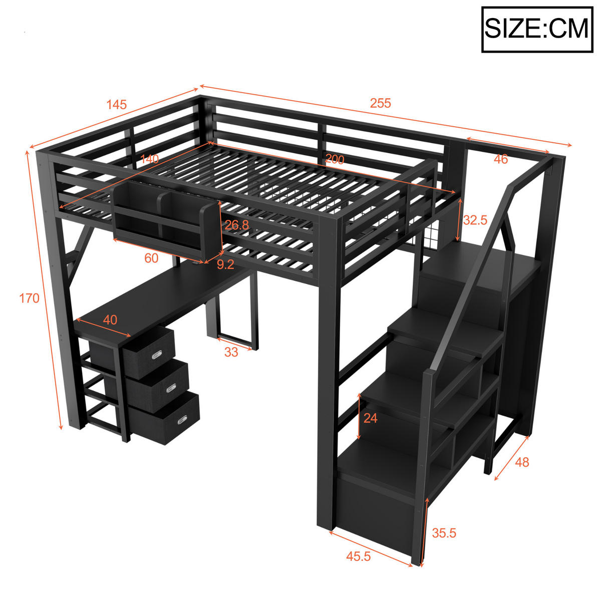 HOCHBETT 140/200 cm in Schwarz mit 3 Schubladen, Stauraum, Schrank, LED und Schreibtisch aus Metall und MDF - Schwarz, Holzwerkstoff/Metall (140/200cm) - STILVORA