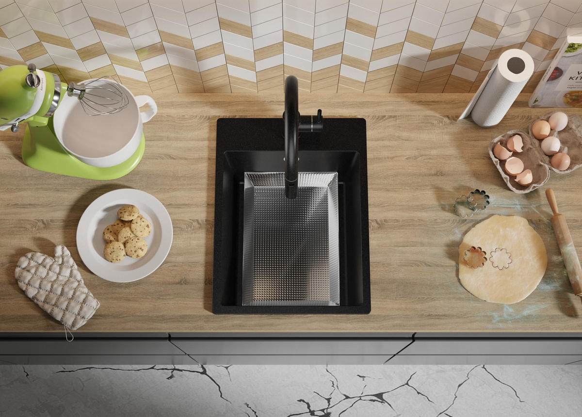 GRANITSPÜLE Riga, 2-er set Schwarz 38/50 cm 1 Becken + Küchenarmatur 40/38 cm + Ablauf-Set ab 40er Unterschrank - Chromfarben/Schwarz, Kunststoff (38/20/50cm) - Primagran