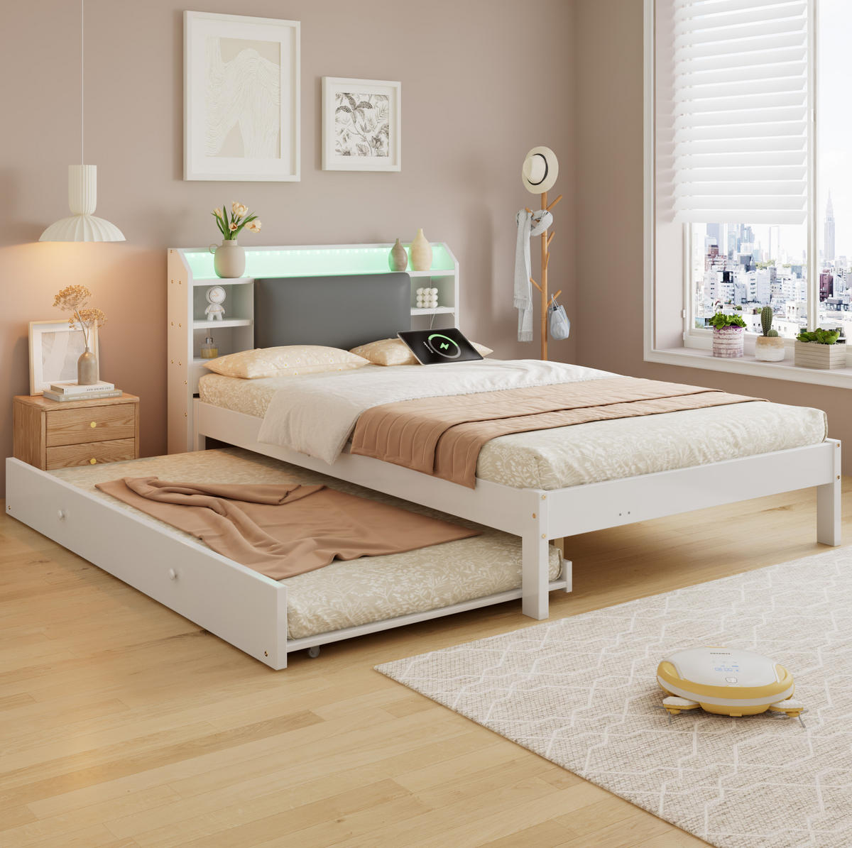 FUNKTIONSBETT aus Kiefernholz und MDF 120x200 cm Weiß mit Ausziehbett 90x190 cm, LED und Ladestation - Weiß, Holz (120/200cm) - IVMEU