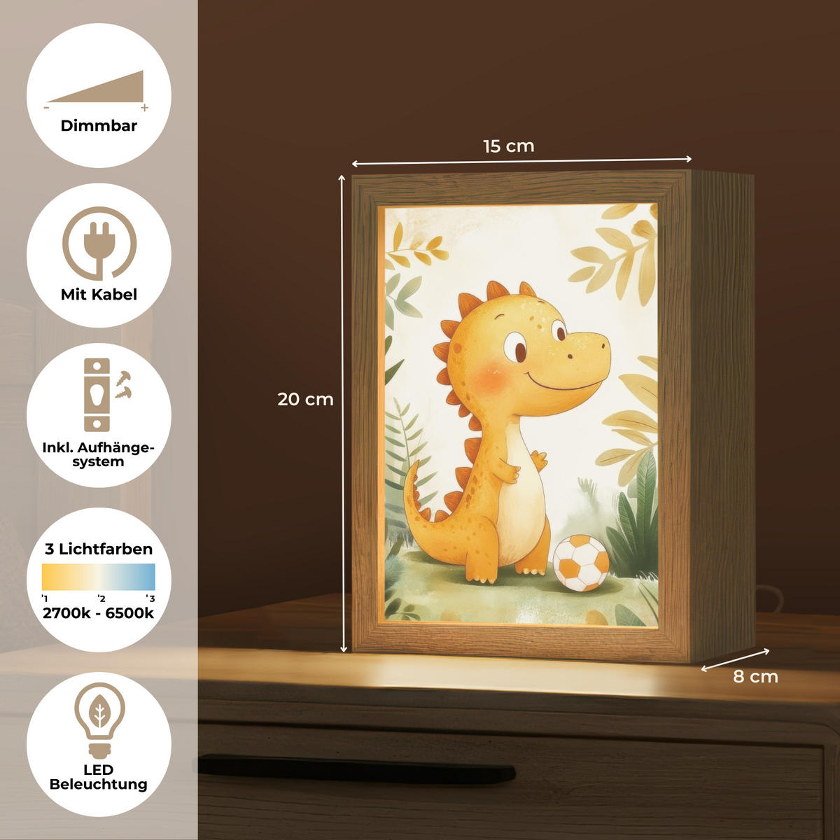 NACHTTISCHLAMPE Dino - Fußball - Orange 15x20 cm - Beige, Holzwerkstoff (8/15/20cm)