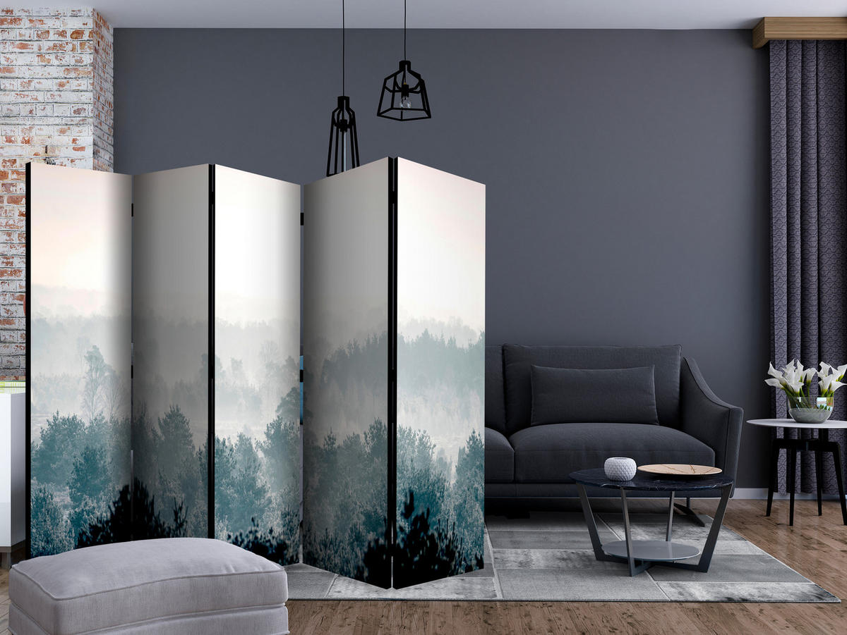 PARAVÁN Obojstranný 5-dielny 225x172 cm Les a Zimná Krajina - sivá, drevo/textil (225/172/3cm) - Muralo