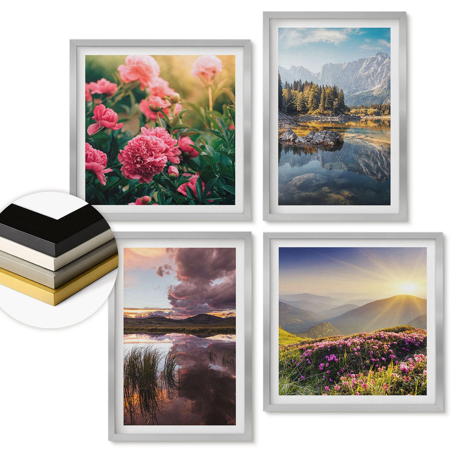 WANDBILDER 4er Set - 50x50 cm & 40x60 cm Silberner Rahmen - Blumengarten, Bergwiese, Wasser - Silberfarben, Kunststoff (50/50cm) - ArtPrintCave