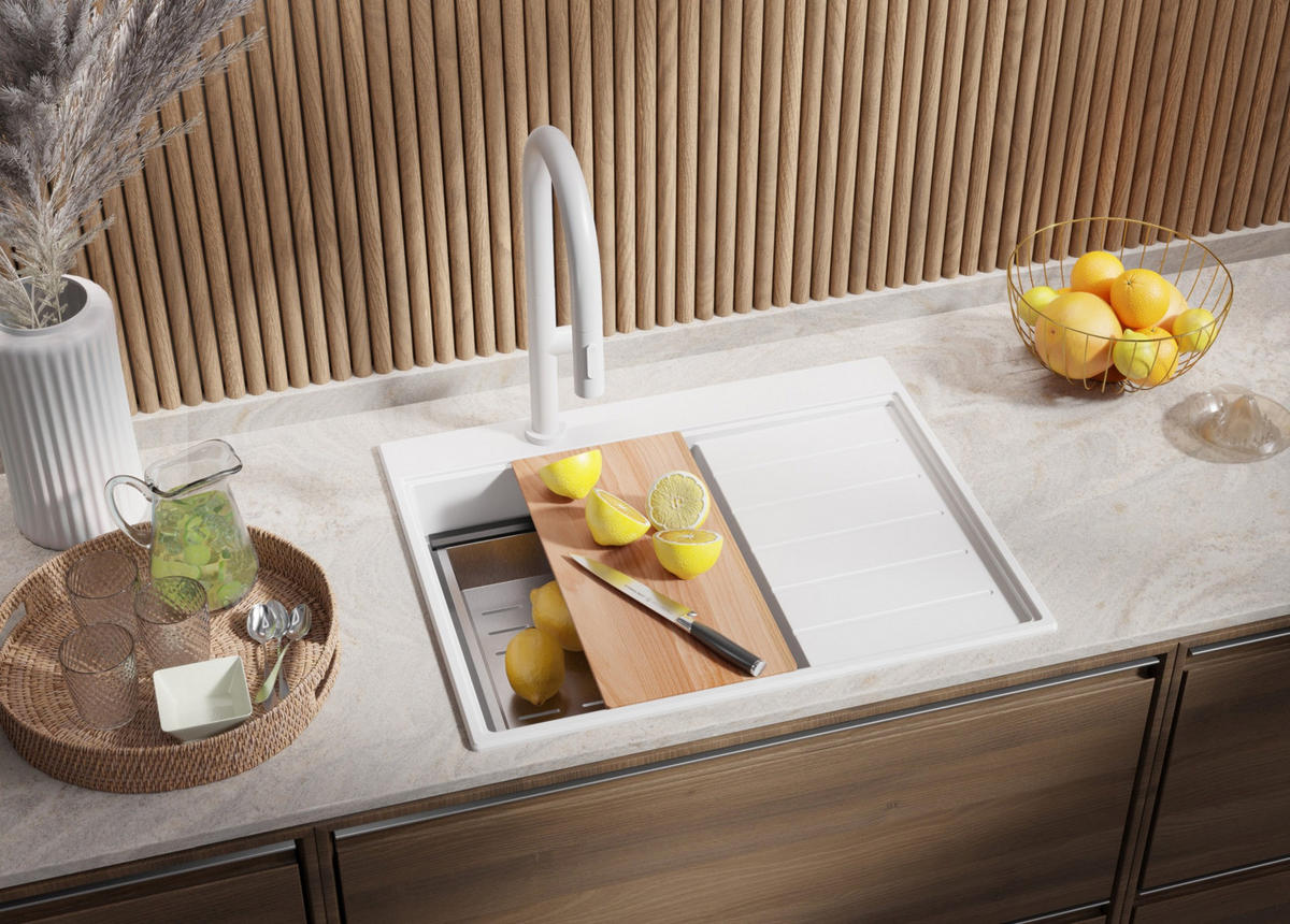 SPÜLBECKEN Sydney, 2-er set Weiß 62/50 cm 1 Becken + Ablauf-Set + Küchenzubehörset ab 40er Unterschrank - Chromfarben/Beige, Kunststoff (62/20/50cm) - Primagran