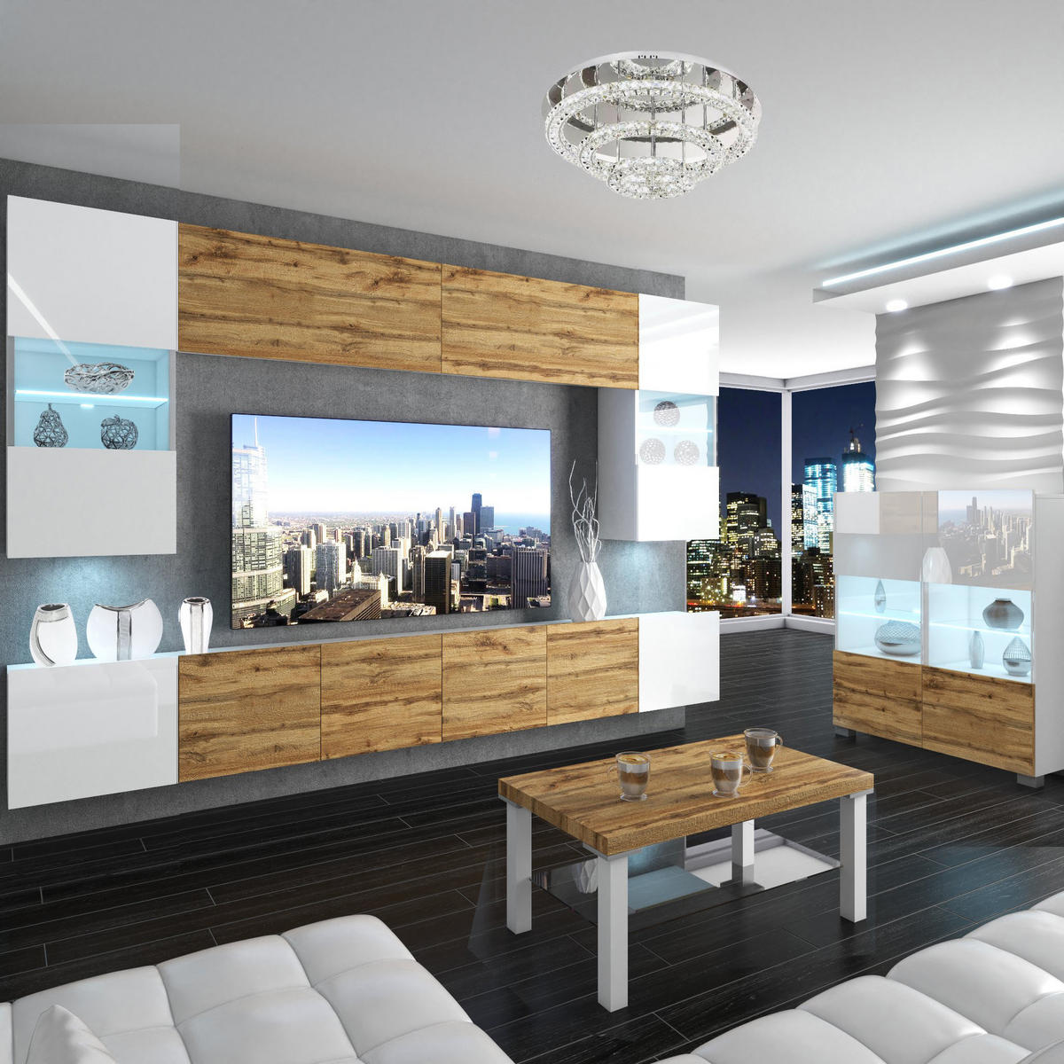 WOHNZIMMERWAND mit LED-Beleuchtung TV-Schrank Weiß/Eiche Wotan Top - Eiche Wotan/Weiß, Holz (300/180/36cm) - B BELINI GROUP