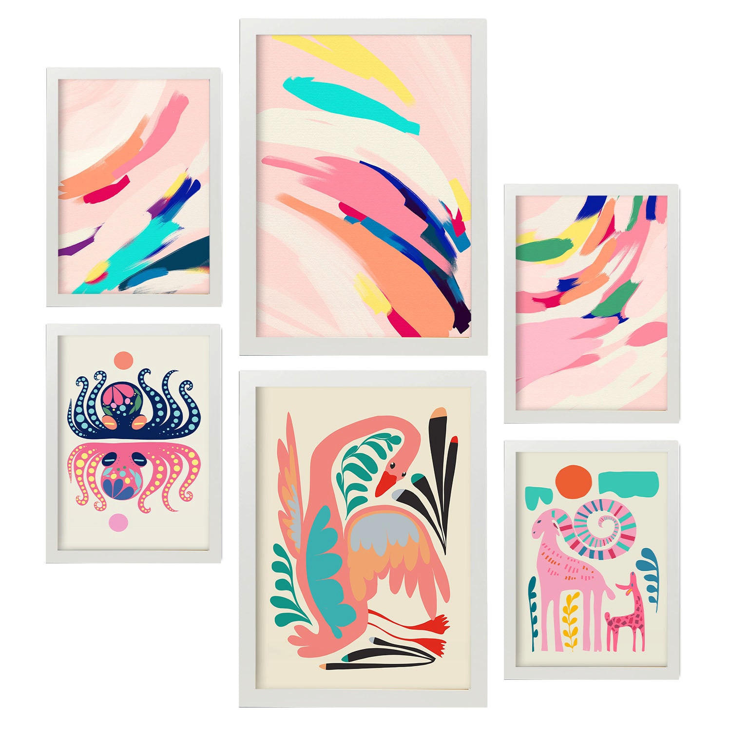 POSTER Set Mit 6 Prominente Kunst 1 In Tiere Zusammenfassungen A3 & A4 Weißer Rahmen - Weiß, Papier (29/3cm) - Nacnic