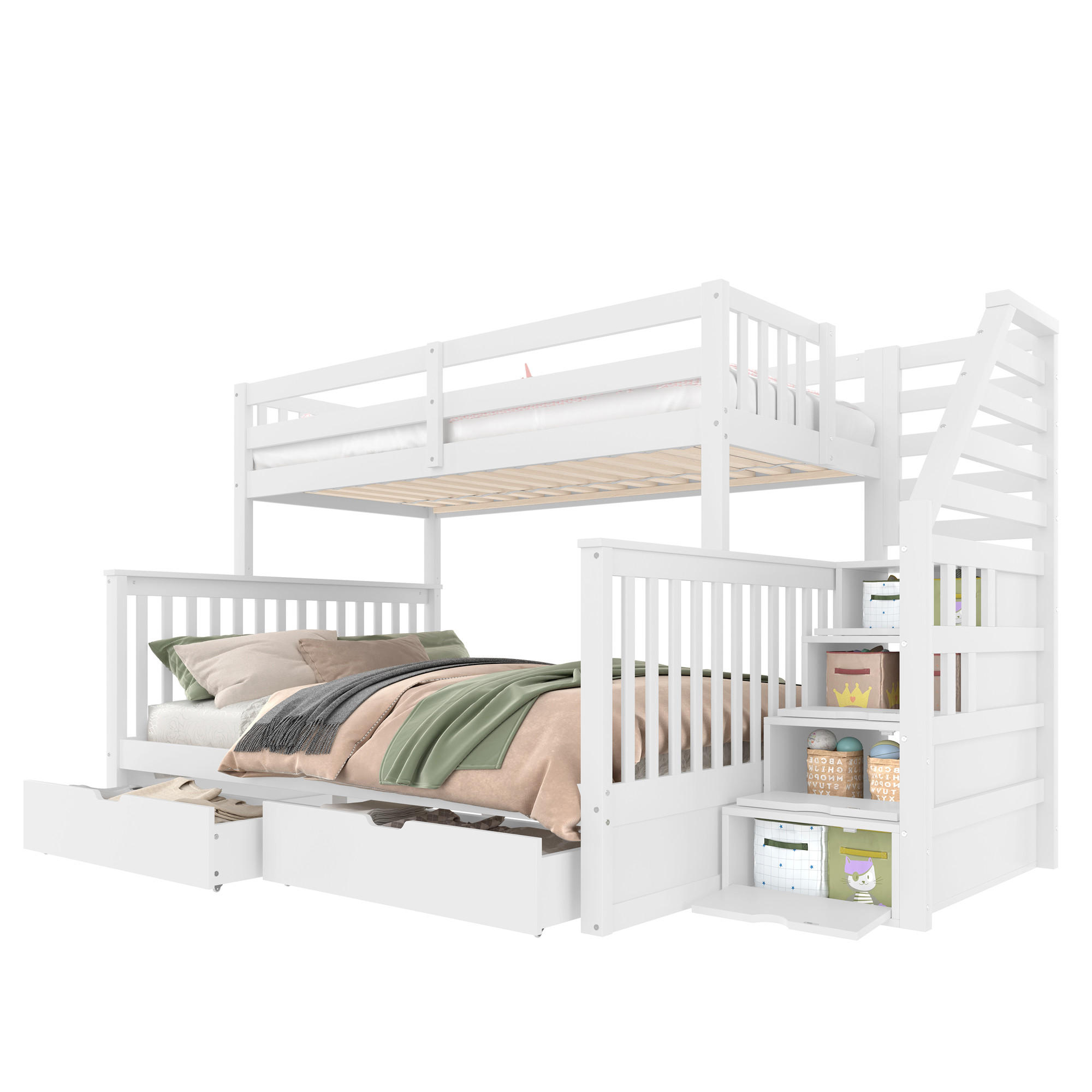 ETAGENBETT 90/200 cm über 140/200 cm Weiß aus Kiefer mit Schubladen und Stauraum - Weiß, Holzwerkstoff (90/200cm) - OKWISH