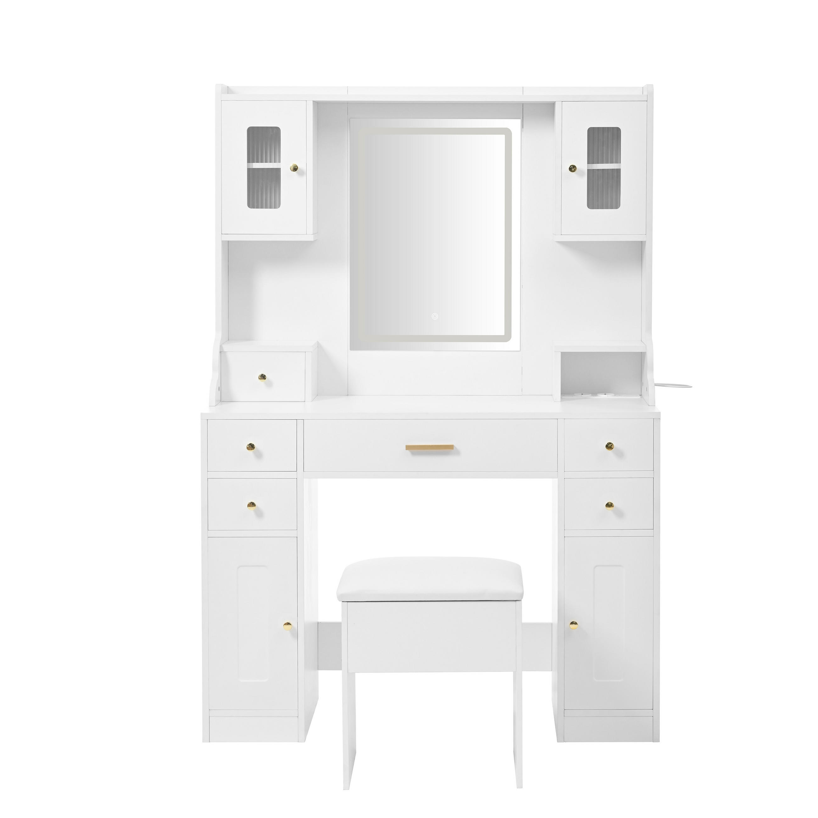 SCHMINKTISCH Weiß mit LED-Spiegel, Steckdosen & Hocker - Weiß, Holzwerkstoff (105/152/40cm) - Urban Meuble
