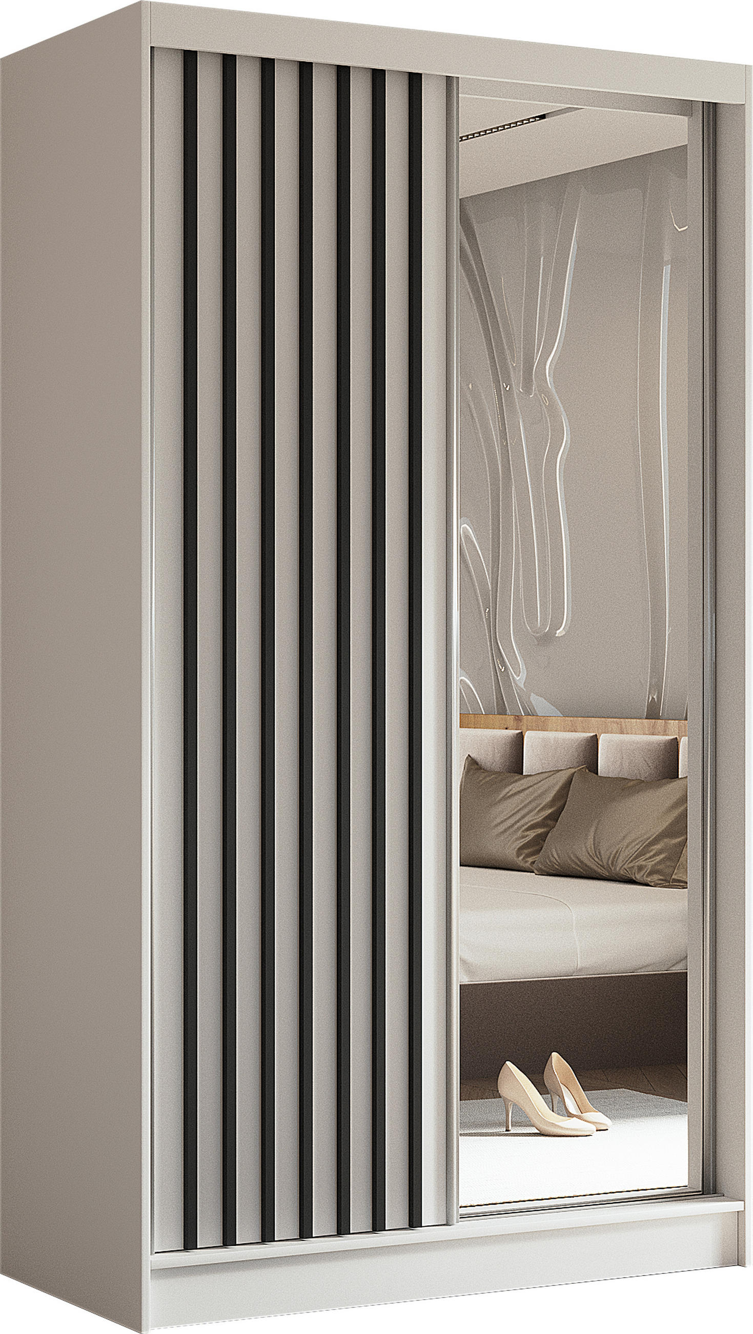 SCHWEBETÜRENSCHRANK Cabinio Weiß 120/216/61 cm – mit Spiegel und Lamellen - Schwarz/Weiß, Holzwerkstoff/Kunststoff (120/216/61cm) - AX Living