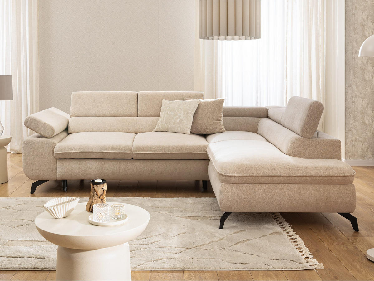 ECKSOFA mit Schlaffunktion und Bettkasten Bonnie aus Taupe Chenille-Stoff mit verstellbaren Kopfstützen und Armlehne - Ottomane rechts - Taupe/Schwarz, Holz/Textil (275/210cm) - S-Style Möbel