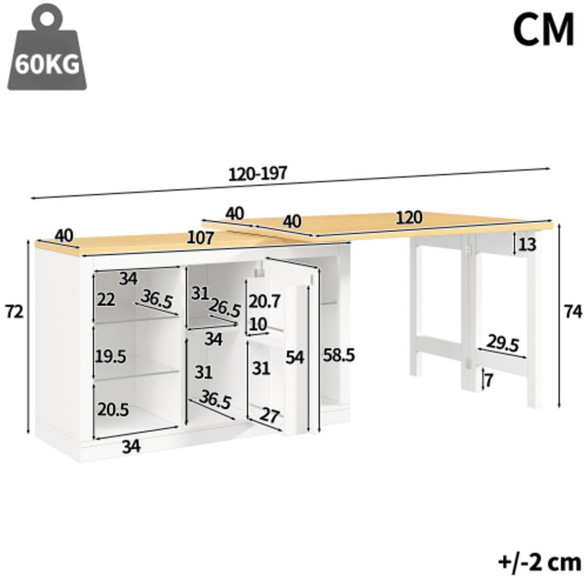 KÜCHENINSEL 120-197×40×72 cm aus MDF und Metall mit 360° drehbarer ausziehbarer Tischplatte, weiß - Weiß, Holzwerkstoff (197/72/40cm) - Luhomfu