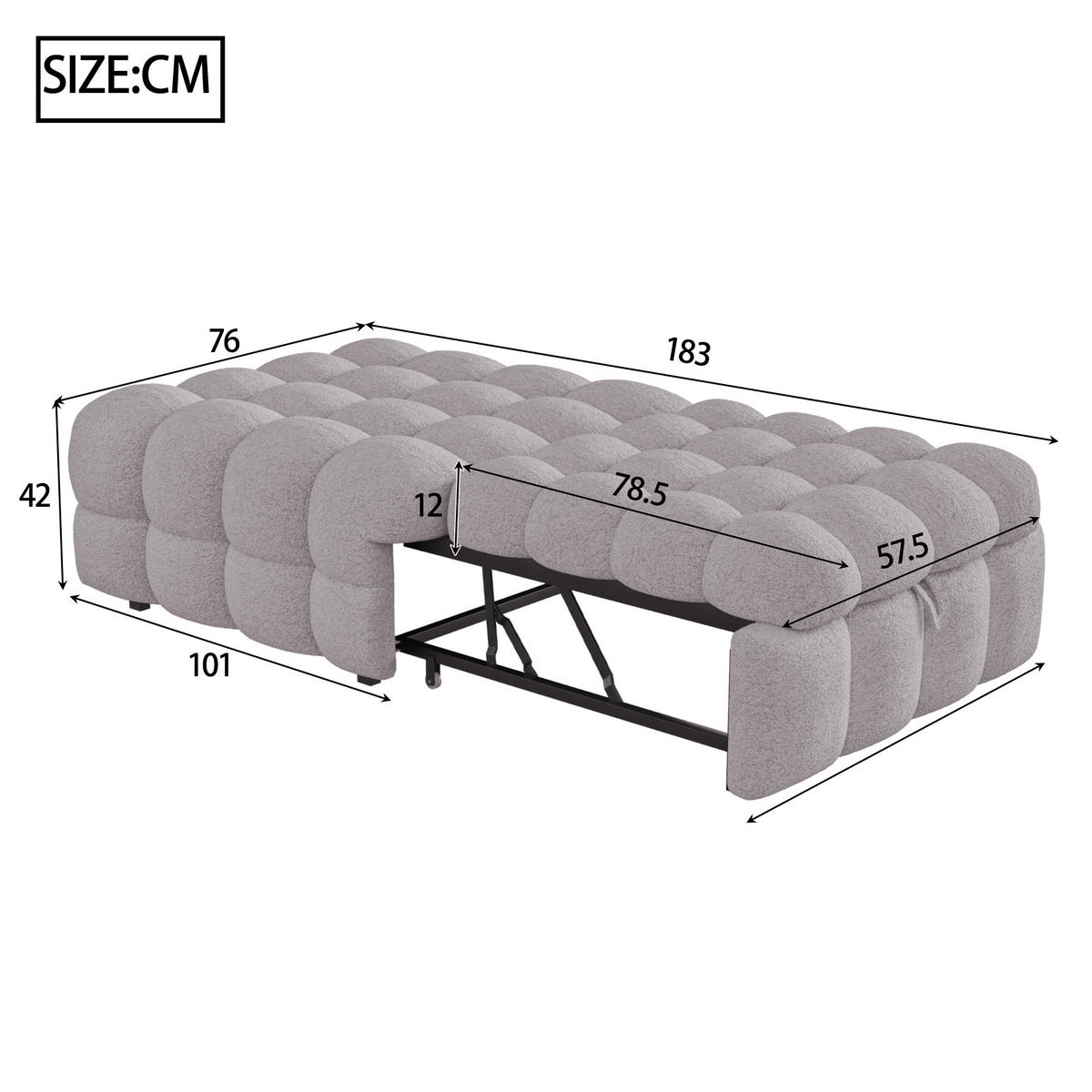 POLSTERBETT in Grau Teddy-Stoff, Ausziehbares Schlafsofa - Grau, Textil (80/180cm) - KOMHTOM