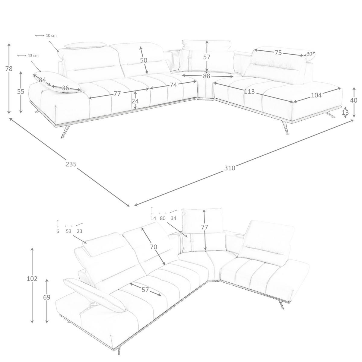 ECKSOFA Rechtsseitiges Ecksofa aus hellgrauem Leder 310/235/102 cm - Pastellgrün/Hellgrau, Leder/Metall (310/235cm) - ANGEL CERDA