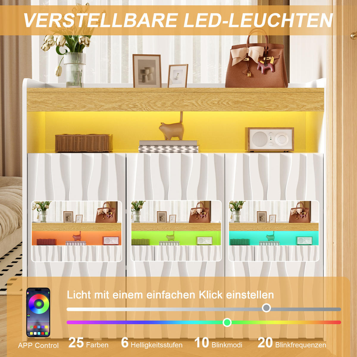 SIDEBOARD Schuhschrank LED 3 Türen Wellenmuster Ablagen 105cm - Multicolor, Holzwerkstoff (105/90.5/35cm) - FLIEKS
