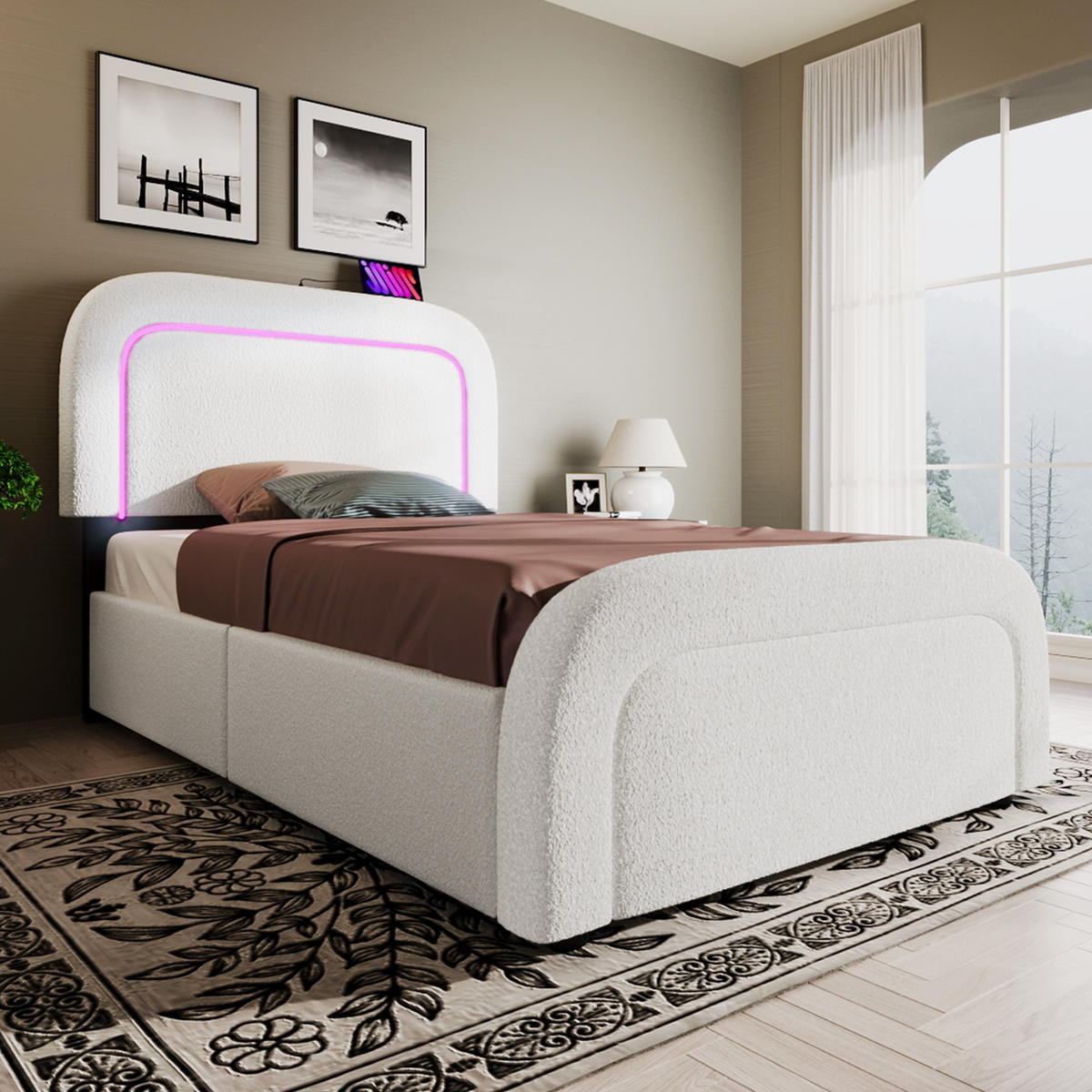 POLSTERBETT 90/200 cm mit LED-Beleuchtung, USB/Type-C am Kopfteil & 2 Schubladen, Weiß - Weiß, Textil (90/200cm) - Redom