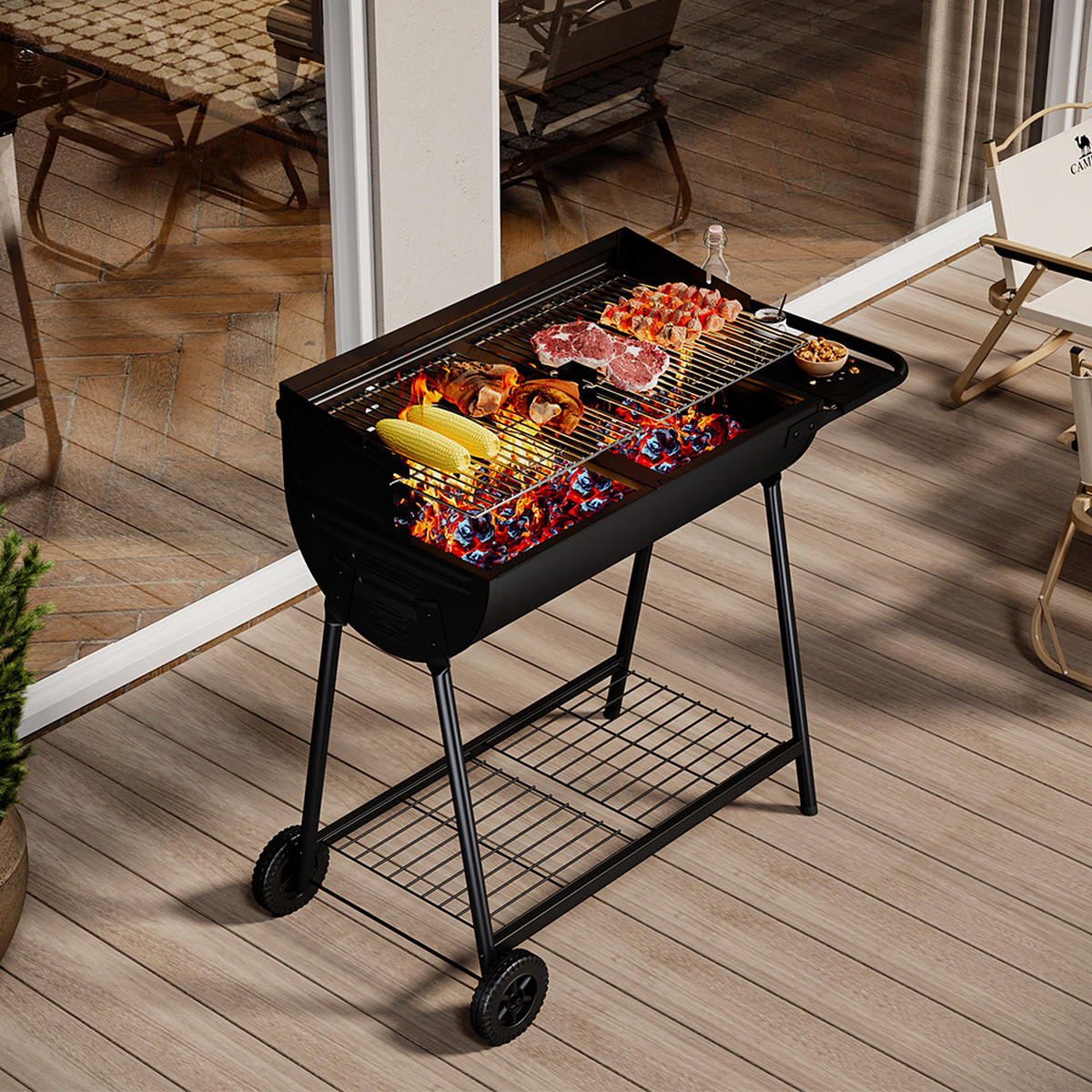 HOLZKOHLEGRILL Carbonstahl mit Rollen aus Kohlenstoffstahl in Schwarz langlebig & hitzebeständig pulverbeschichtet mobil 107,5 x54,5 x93 cm 15 kg - Schwarz, Metall (54/93/107cm) - Livingandhome
