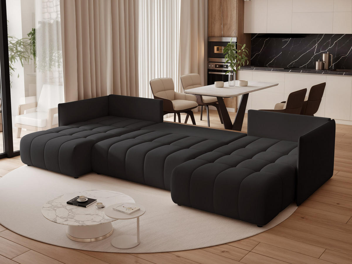 WOHNLANDSCHAFT OLIMPIA mit Schlaffunktion und Bettkasten Schwarz - Schwarz, Holzwerkstoff/Kunststoff (353/83/180cm) - Idohome