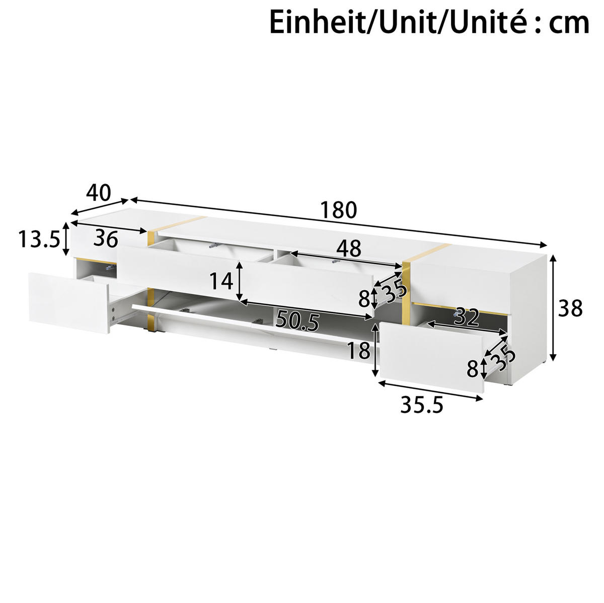 TV-LOWBOARD 180/40/38 cm mit 4 Schubladen und 2 Türen in Weiß - Weiß, Holzwerkstoff (180/38/40cm) - BEAOK