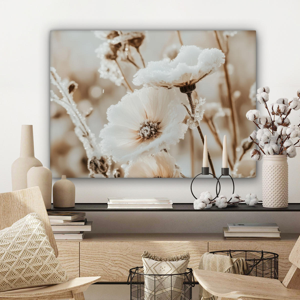 LEINWANDBILD Blumen - Winter - Weiß - Schnee - Beige Wandbilder 80x60 cm - Creme, Textil (80/60cm) - MuchoWow