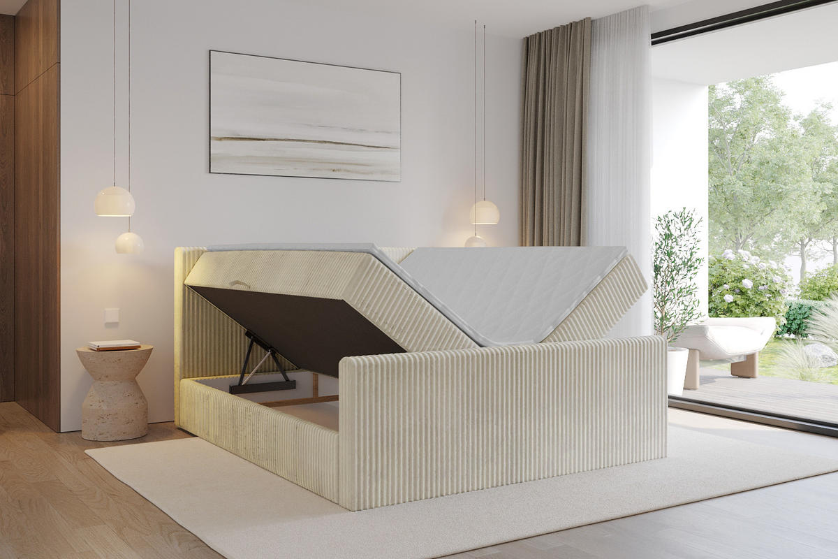 BOXBETT mit Matratze H3 und Lattenrost - TOLO-Z - 140x200 Cord - Creme - Champagner, Holzwerkstoff (140/200cm) - ALTDECOR