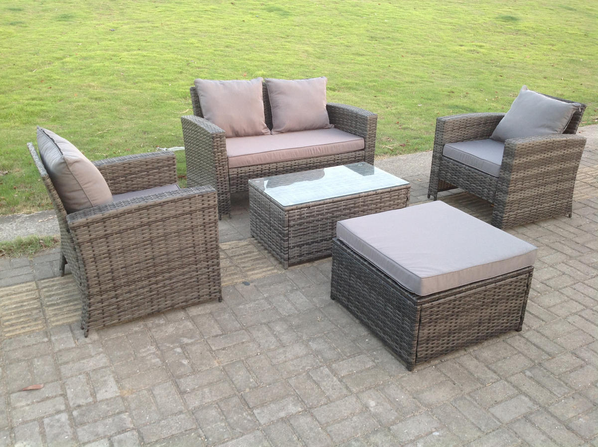 GARTENGARNITUR Polyrattan 5-Sitzer - Dunkelgrau, Metall - Fimous