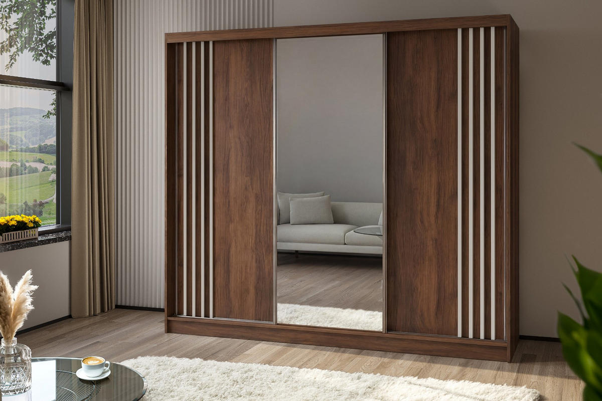 SCHWEBETÜRENSCHRANK Neli 240 cm mit Lamellen und Spiegel 3-türig, Nuss Warmia, Lamelle weiß - Dunkelbraun/Weiß, Kunststoff (240/216/61cm) - Margaret Hadas24
